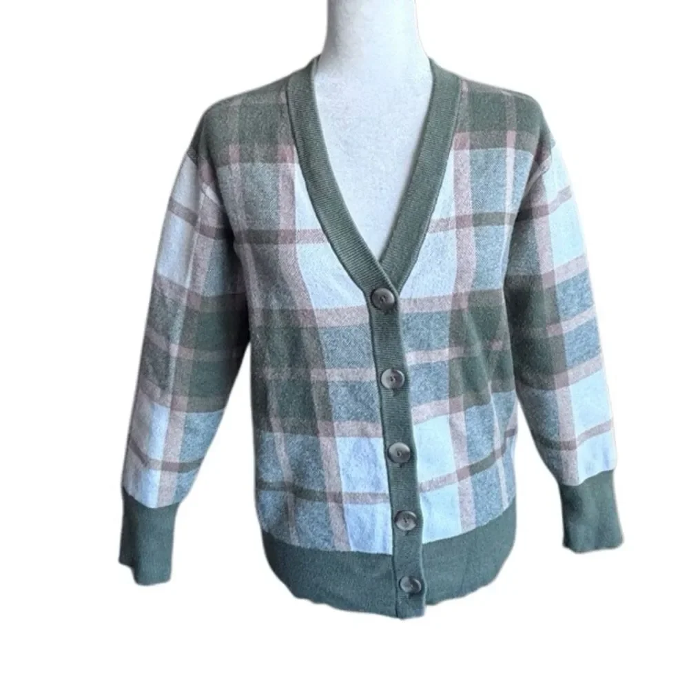 Rachel Zoe Plaid Sweater Brown Green White Cardigan Preppy Classic SZ XS